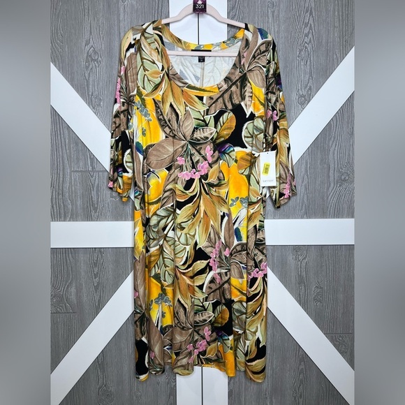 321. NWT Karen Kane Tropical Floral Print Scoop Neck 3/4 Sleeve A-Line Dress 2x - Picture 2 of 9